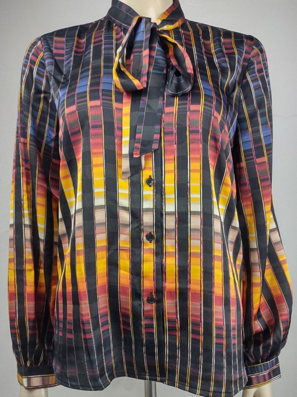 NWT DKNY black colorful striped tie neck button front shirt blouse ladies Small